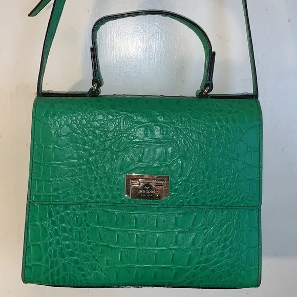 Kate Spade Large Green Crocodile Embossed Leather Crossbody Handbag Vintage-RARE - Picture 8 of 8